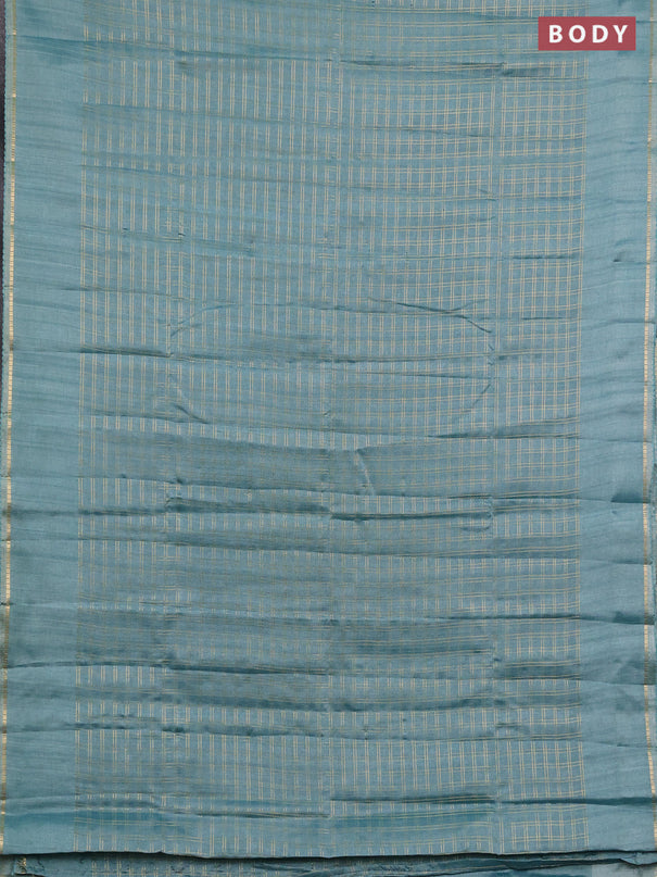Semi tussar saree teal green shade and beige with allover zari checked pattern and simple border