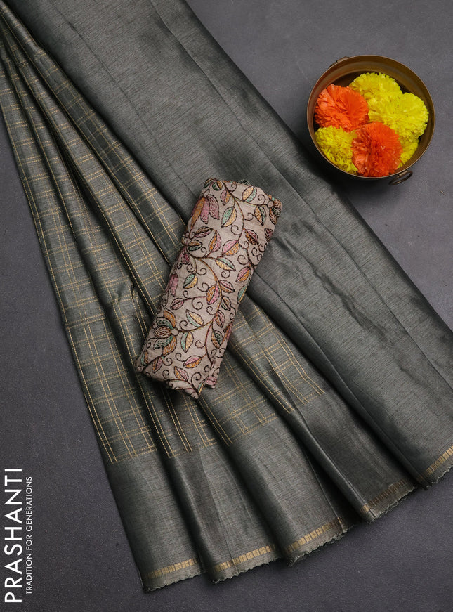 Semi tussar saree grey and beige with allover zari checked pattern and simple border