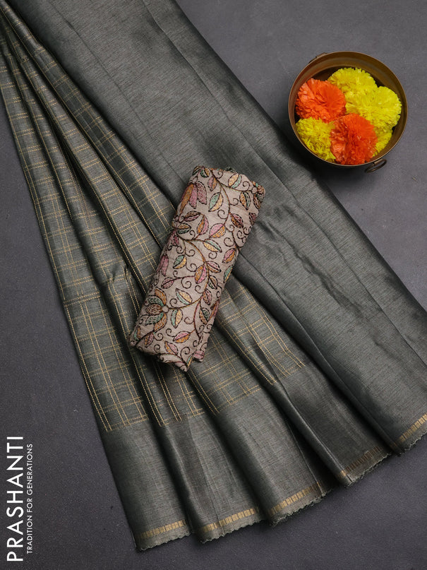 Semi tussar saree grey and beige with allover zari checked pattern and simple border