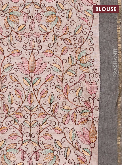 Semi tussar saree grey and beige with allover zari checked pattern and simple border