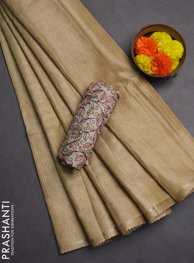 Semi tussar saree sandal and beige with allover zari checked pattern and simple border