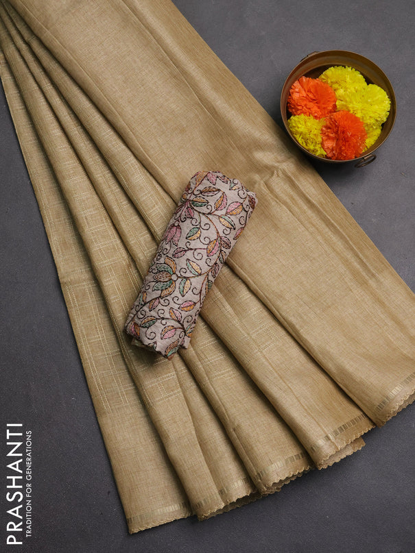 Semi tussar saree sandal and beige with allover zari checked pattern and simple border