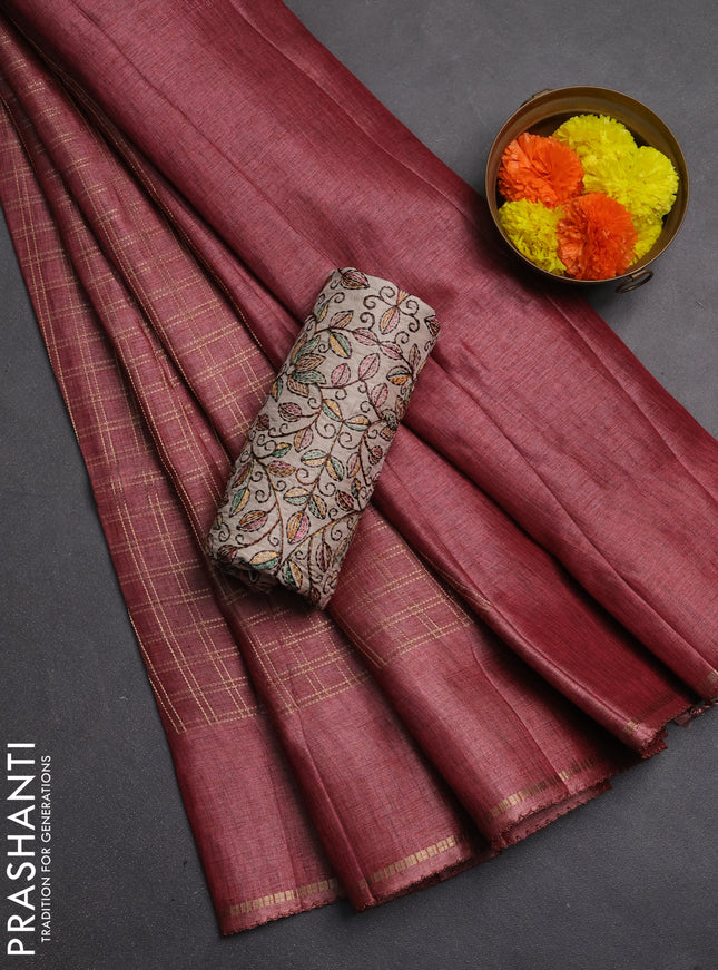 Semi tussar saree pastel maroon and beige with allover zari checked pattern and simple border