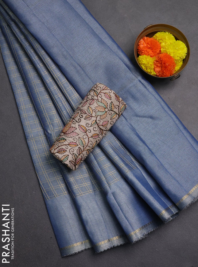 Semi tussar saree pastel blue and beige with allover zari checked pattern and simple border