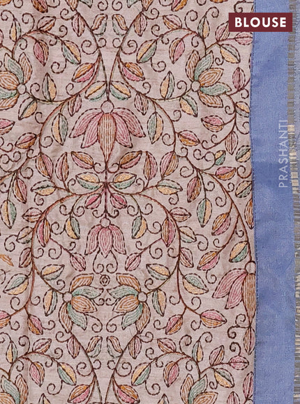 Semi tussar saree pastel blue and beige with allover zari checked pattern and simple border