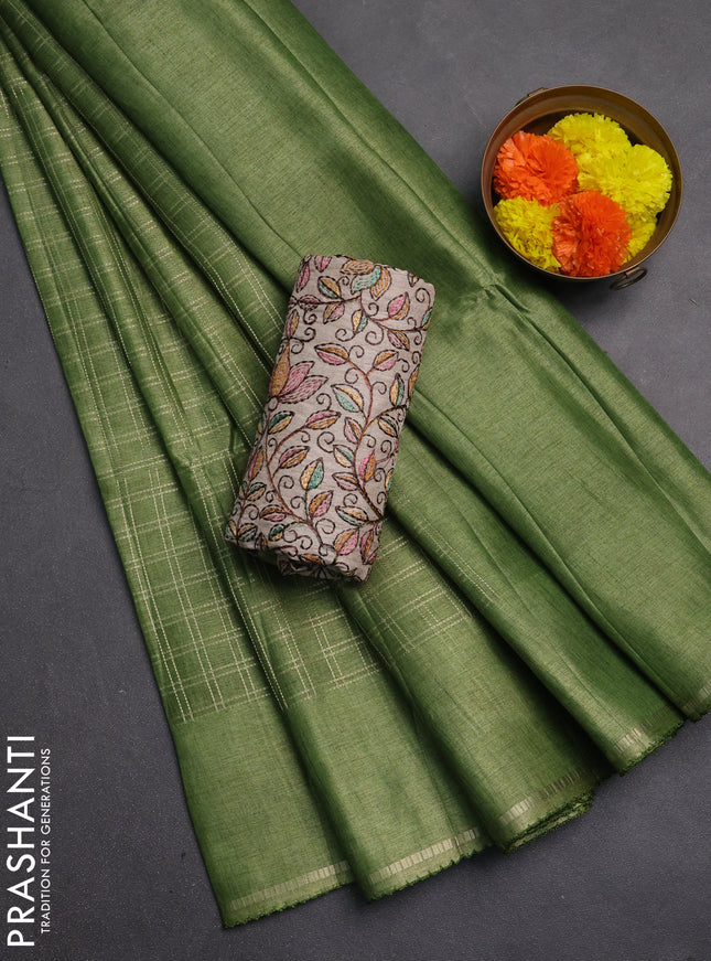 Semi tussar saree green and beige with allover zari checked pattern and simple border