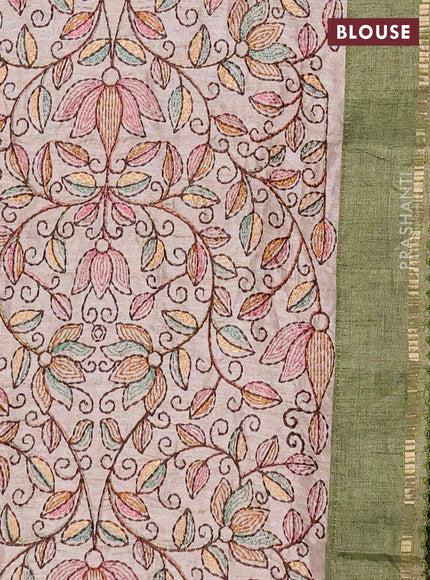 Semi tussar saree green and beige with allover zari checked pattern and simple border