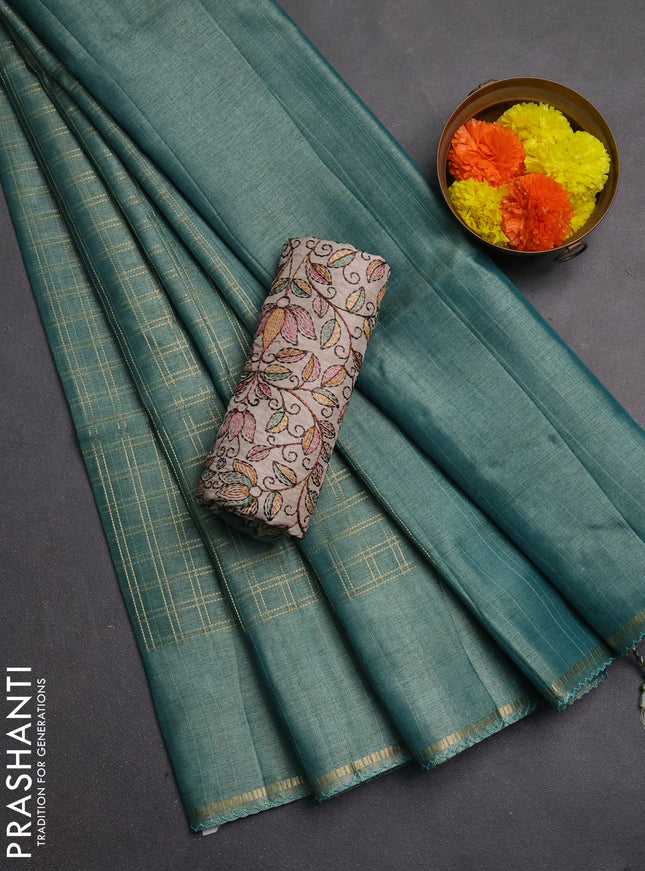 Semi tussar saree teal green and beige with allover zari checked pattern and simple border