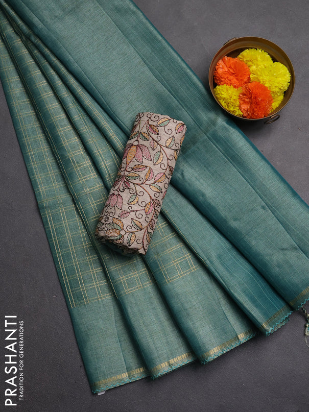 Semi tussar saree teal green and beige with allover zari checked pattern and simple border