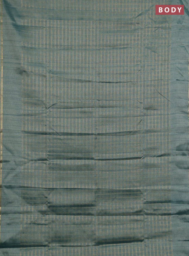 Semi tussar saree teal green and beige with allover zari checked pattern and simple border