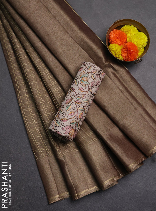 Semi tussar saree dark beige and beige with allover zari checked pattern and simple border