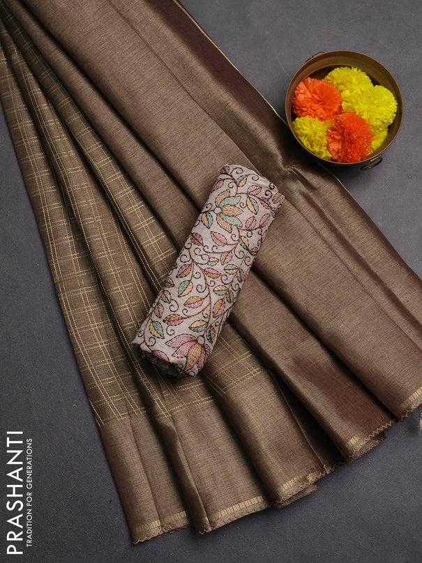Semi tussar saree dark beige and beige with allover zari checked pattern and simple border