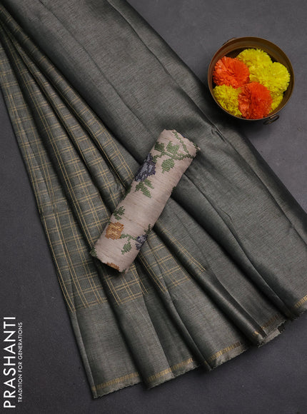 Semi tussar saree grey and beige with allover zari checked pattern and simple border