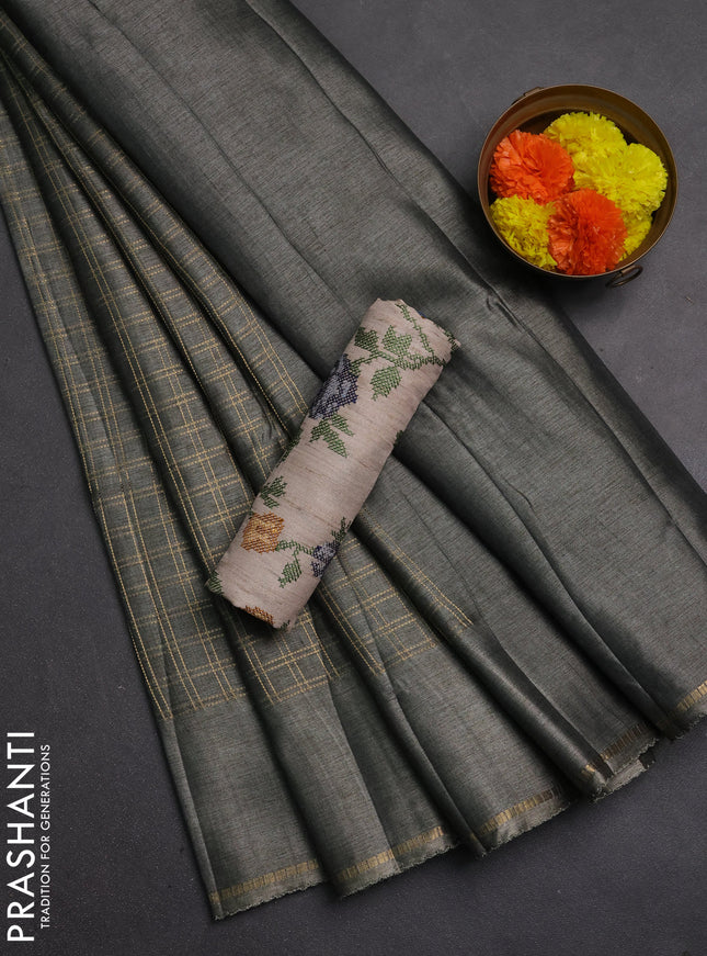 Semi tussar saree grey and beige with allover zari checked pattern and simple border