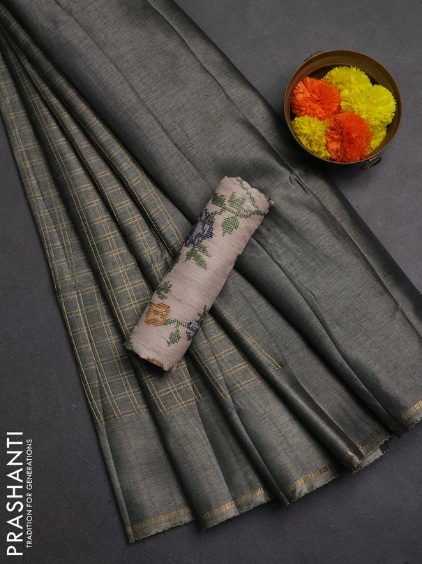 Semi tussar saree grey and beige with allover zari checked pattern and simple border