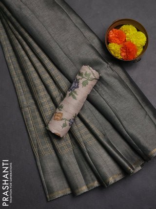 Semi tussar saree grey and beige with allover zari checked pattern and simple border