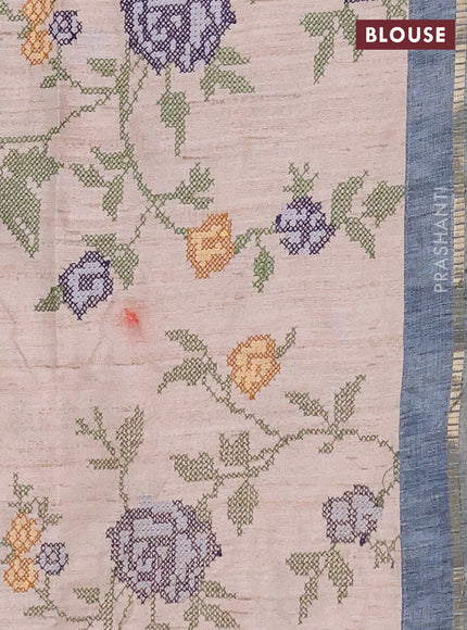 Semi tussar saree grey and beige with allover zari checked pattern and simple border