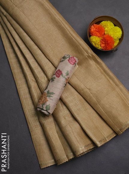 Semi tussar saree sandal and beige with allover zari checked pattern and simple border