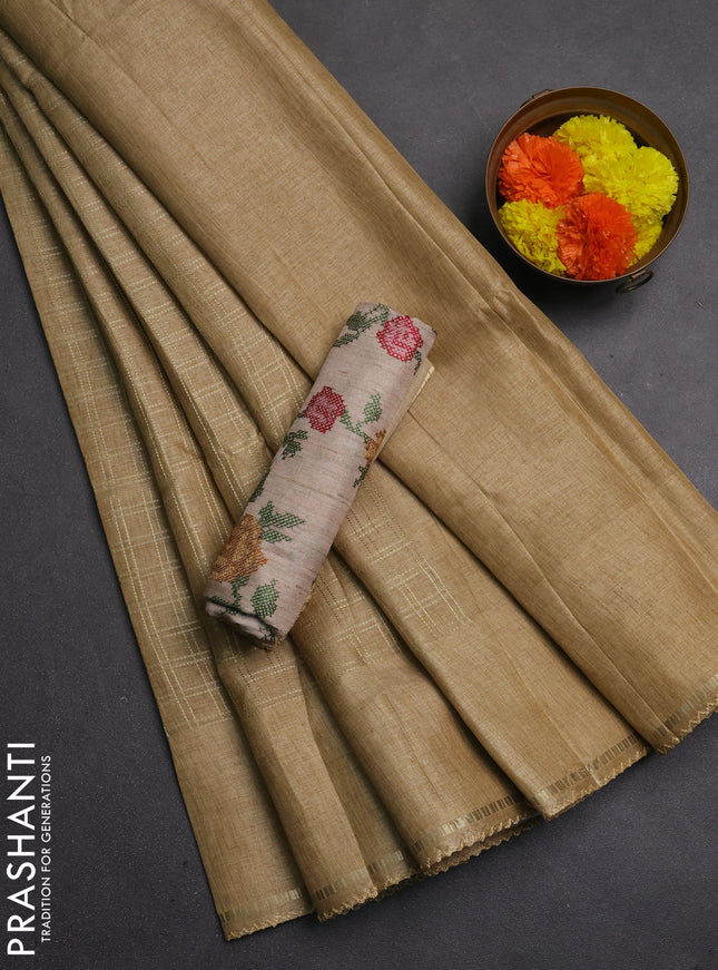 Semi tussar saree sandal and beige with allover zari checked pattern and simple border