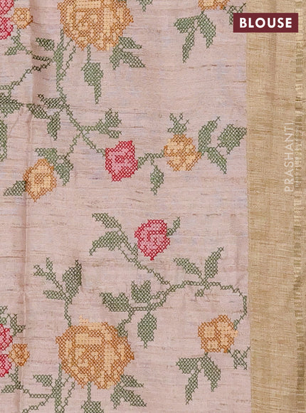 Semi tussar saree sandal and beige with allover zari checked pattern and simple border