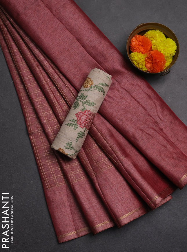 Semi tussar saree pastel maroon and beige with allover zari checked pattern and simple border