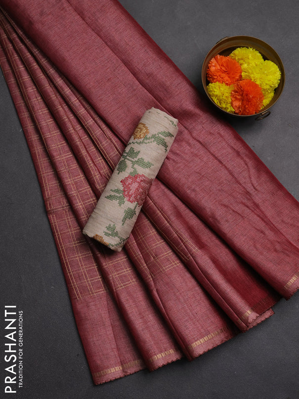 Semi tussar saree pastel maroon and beige with allover zari checked pattern and simple border