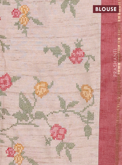 Semi tussar saree pastel maroon and beige with allover zari checked pattern and simple border
