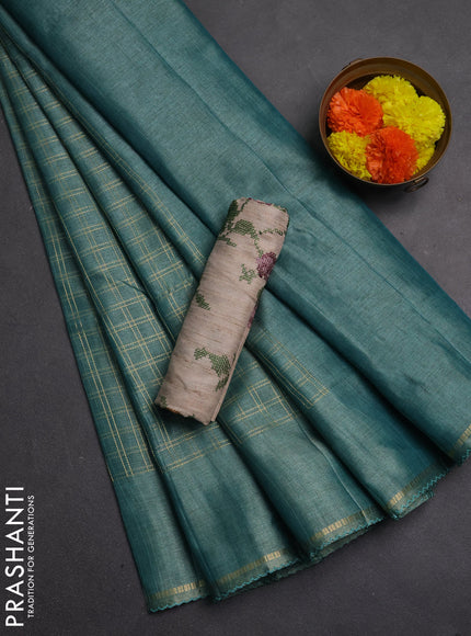 Semi tussar saree teal green and beige with allover zari checked pattern and simple border