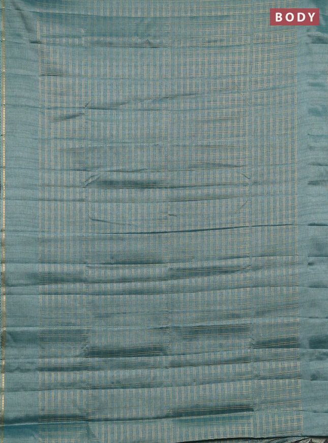 Semi tussar saree teal green and beige with allover zari checked pattern and simple border