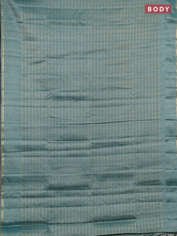 Semi tussar saree teal green and beige with allover zari checked pattern and simple border