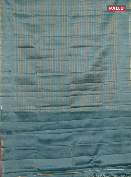Semi tussar saree teal green and beige with allover zari checked pattern and simple border