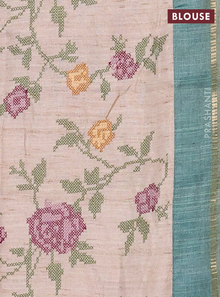 Semi tussar saree teal green and beige with allover zari checked pattern and simple border
