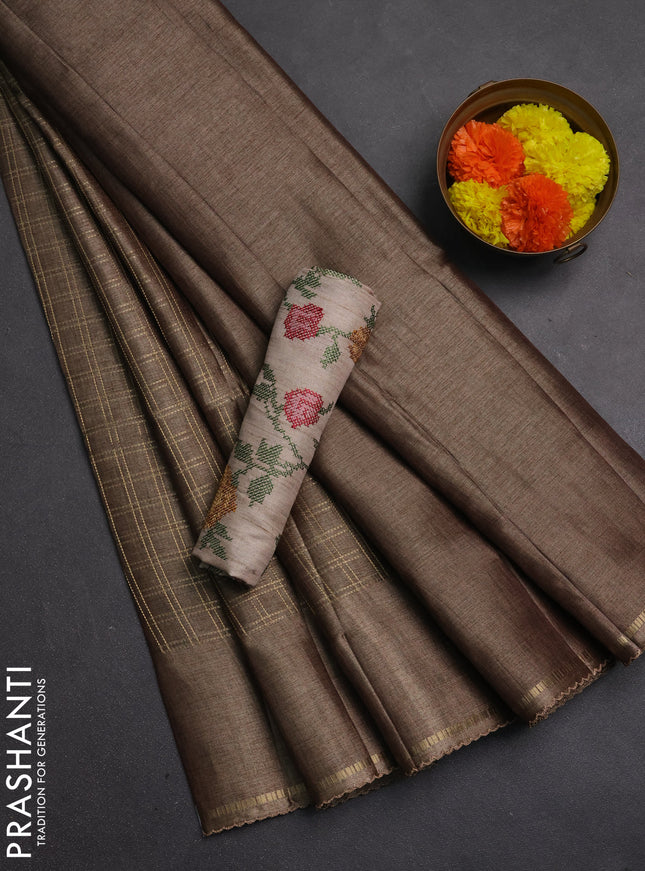 Semi tussar saree dark beige and beige with allover zari checked pattern and simple border
