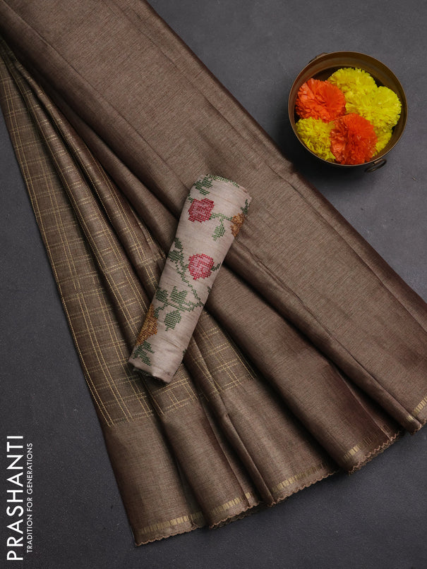 Semi tussar saree dark beige and beige with allover zari checked pattern and simple border