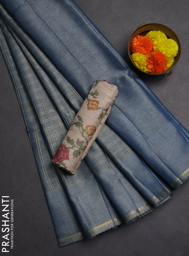 Semi tussar saree bluish grey and beige with allover zari checked pattern and simple border