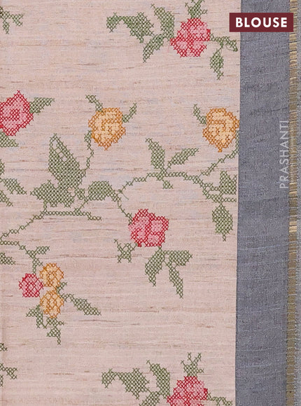 Semi tussar saree bluish grey and beige with allover zari checked pattern and simple border