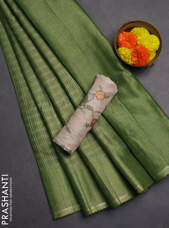 Semi tussar saree green and beige with allover zari checked pattern and simple border