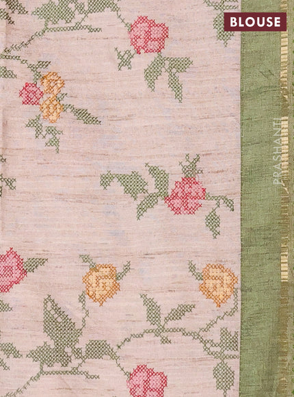 Semi tussar saree green and beige with allover zari checked pattern and simple border