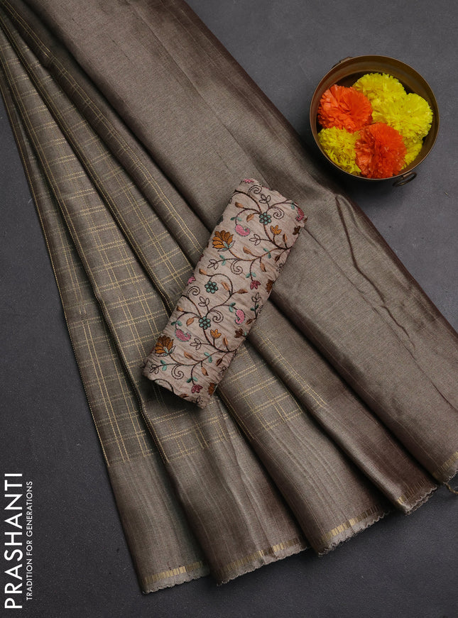 Semi tussar saree dark beige and beige with allover zari checked pattern and simple border