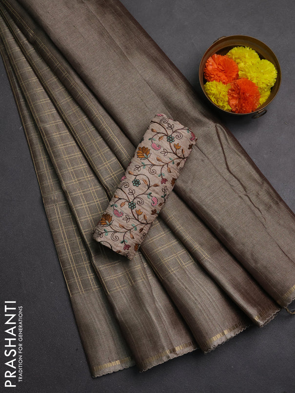 Semi tussar saree dark beige and beige with allover zari checked pattern and simple border