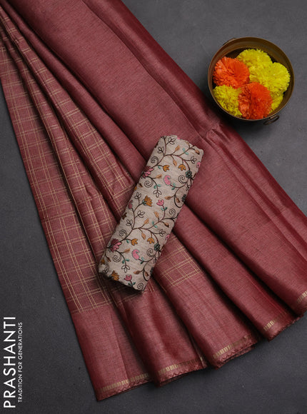 Semi tussar saree pastel maroon and beige with allover zari checked pattern and simple border