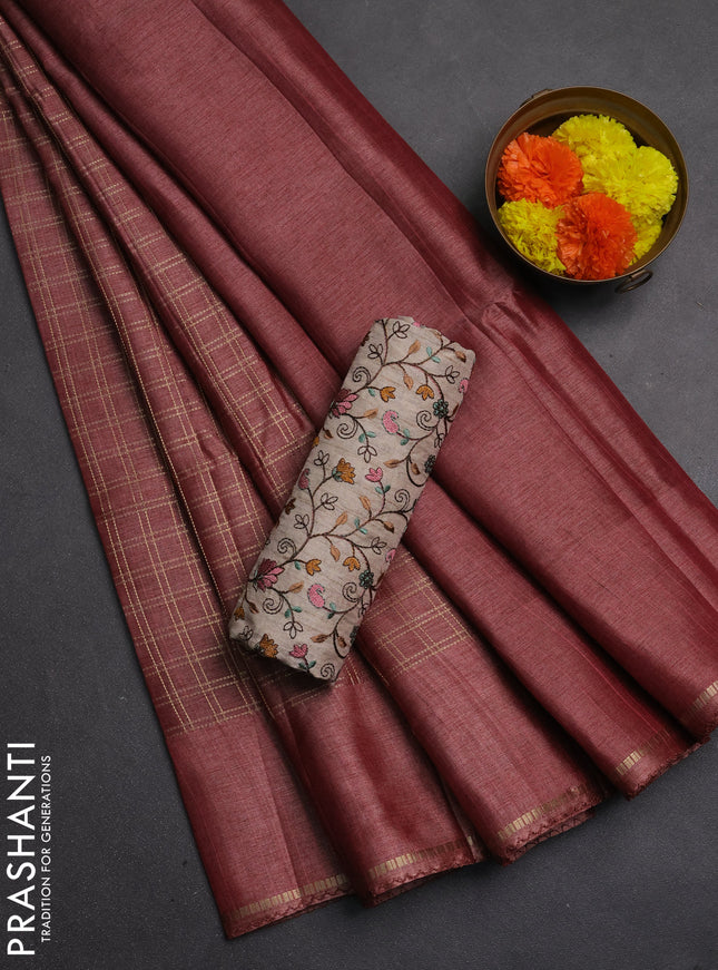 Semi tussar saree pastel maroon and beige with allover zari checked pattern and simple border