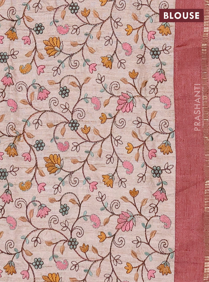 Semi tussar saree pastel maroon and beige with allover zari checked pattern and simple border
