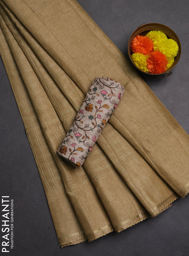Semi tussar saree sandal and beige with allover zari checked pattern and simple border