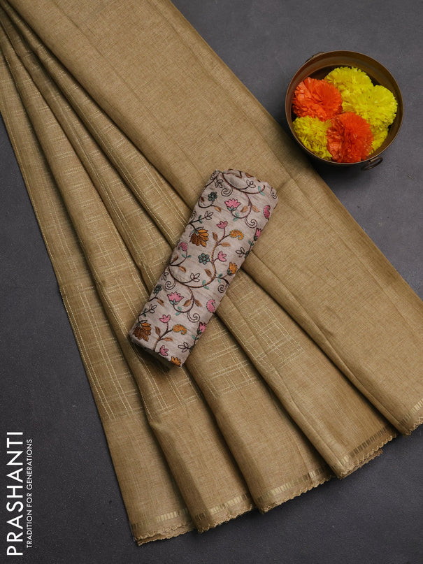 Semi tussar saree sandal and beige with allover zari checked pattern and simple border