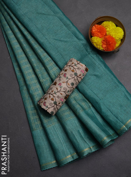 Semi tussar saree teal green and beige with allover zari checked pattern and simple border