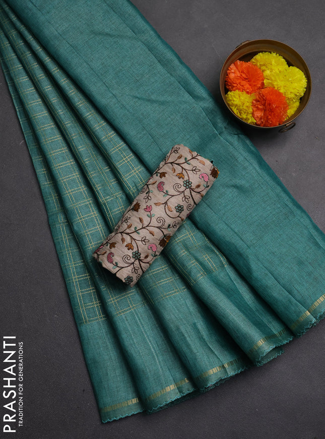Semi tussar saree teal green and beige with allover zari checked pattern and simple border