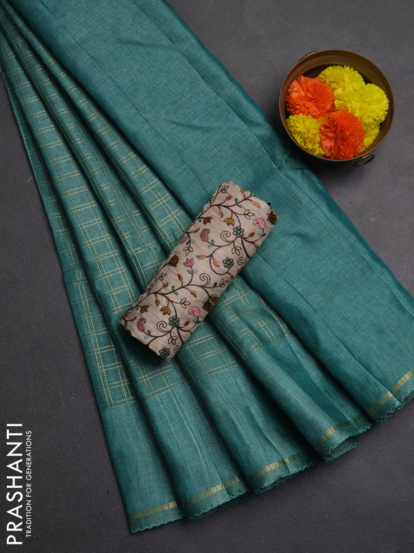 Semi tussar saree teal green and beige with allover zari checked pattern and simple border