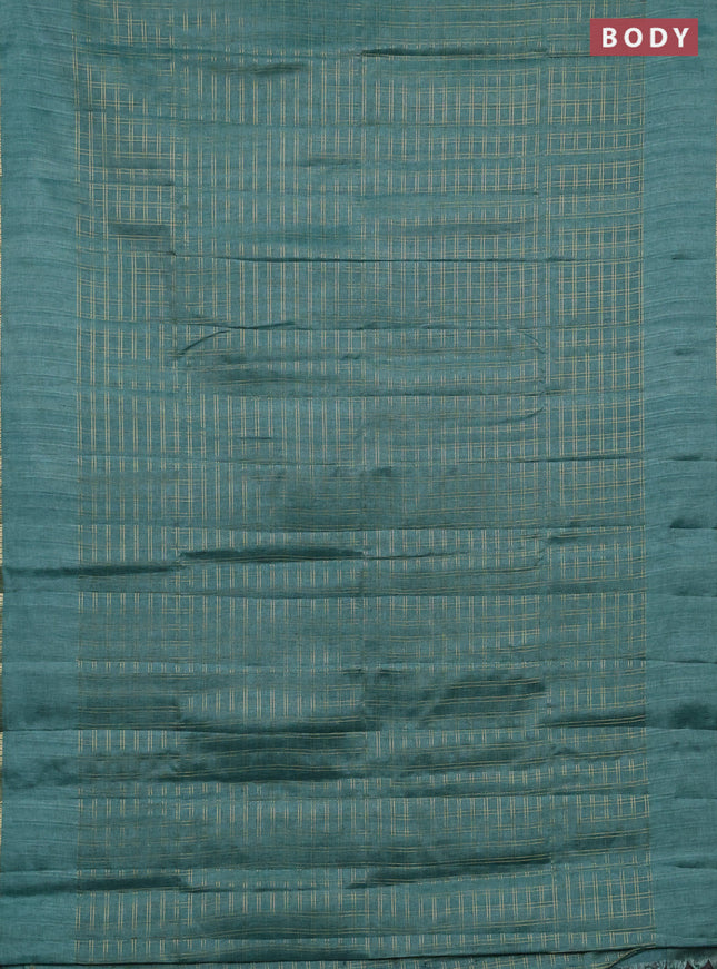 Semi tussar saree teal green and beige with allover zari checked pattern and simple border