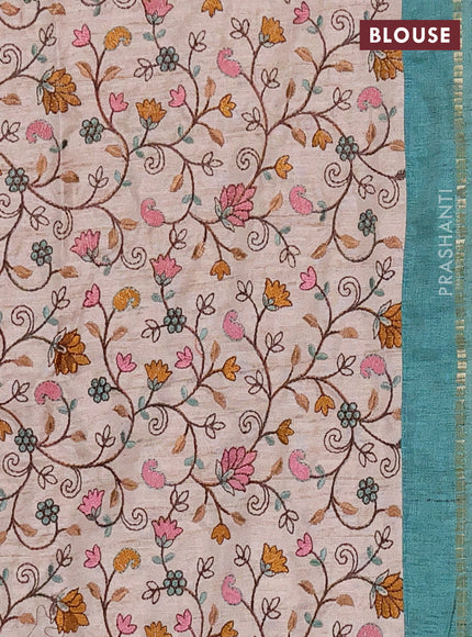 Semi tussar saree teal green and beige with allover zari checked pattern and simple border